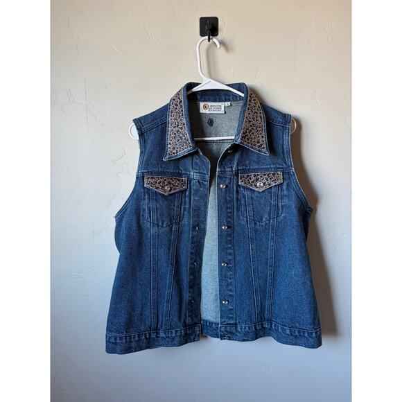 Christine Alexander Cowgirl Western Denim Bejeweled Bling Rhinestones Vest- Sz L - Picture 4 of 9